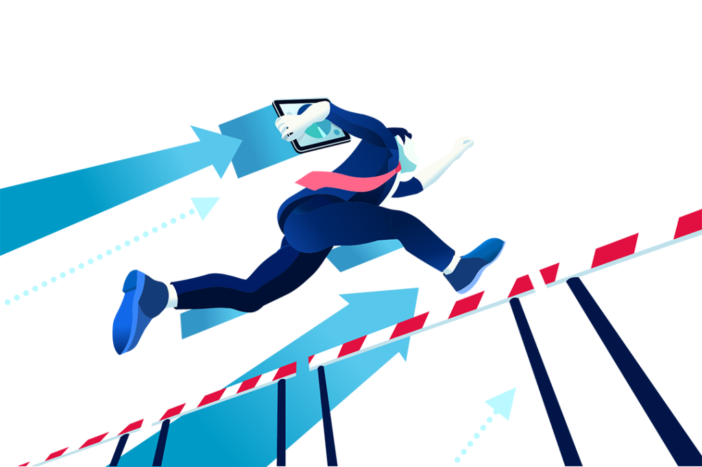 a man jumping over a hurdle in a business suit.